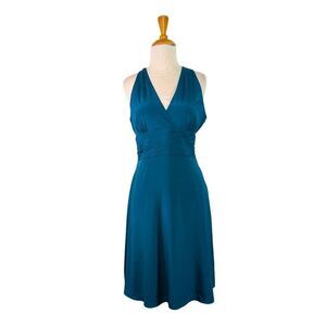 Ann Taylor 8 M Teal Blue Silk Midi Dress Evening Bridesmaid Wedding Prom Event